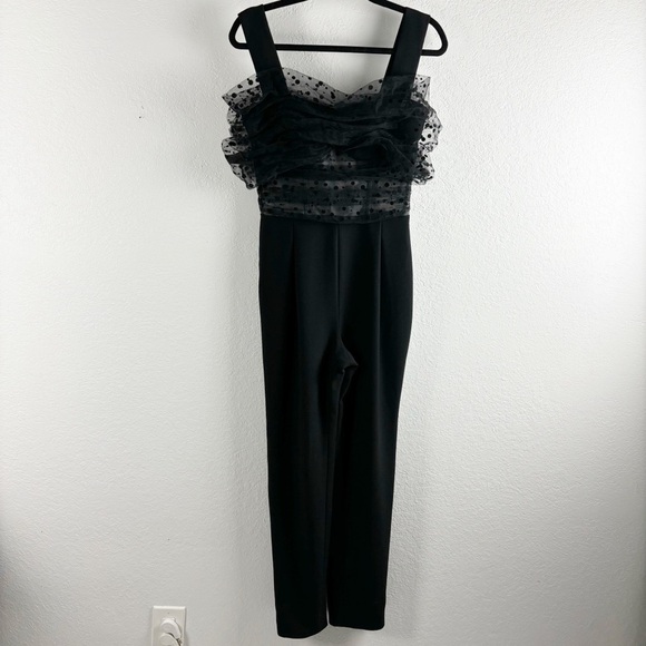 Rasario Draped Crepe Tulle Swiss Polka Dot Jumpsuit Black US 4 Cocktail Formal - Picture 2 of 7